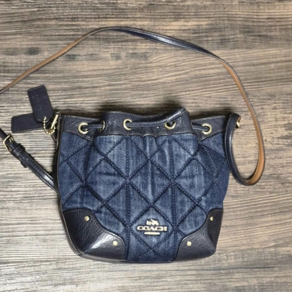 Coach Quilted Denim and Black Leather Drawstring Crossbody Bag